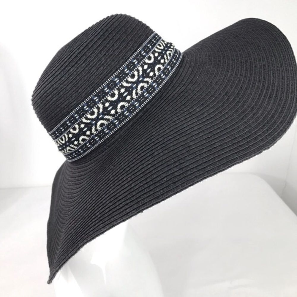 Nicole Marciano Black Blue Ethnic Trim 5” Brim Beach Sun Hat
